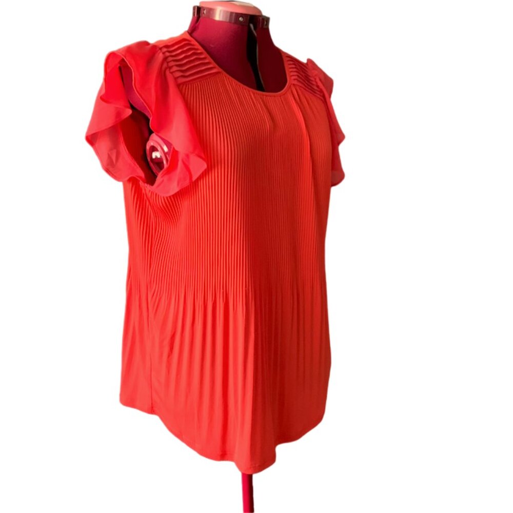 ADRIANNA PAPELL Coral top pleated chiffon ruffle sleeves large